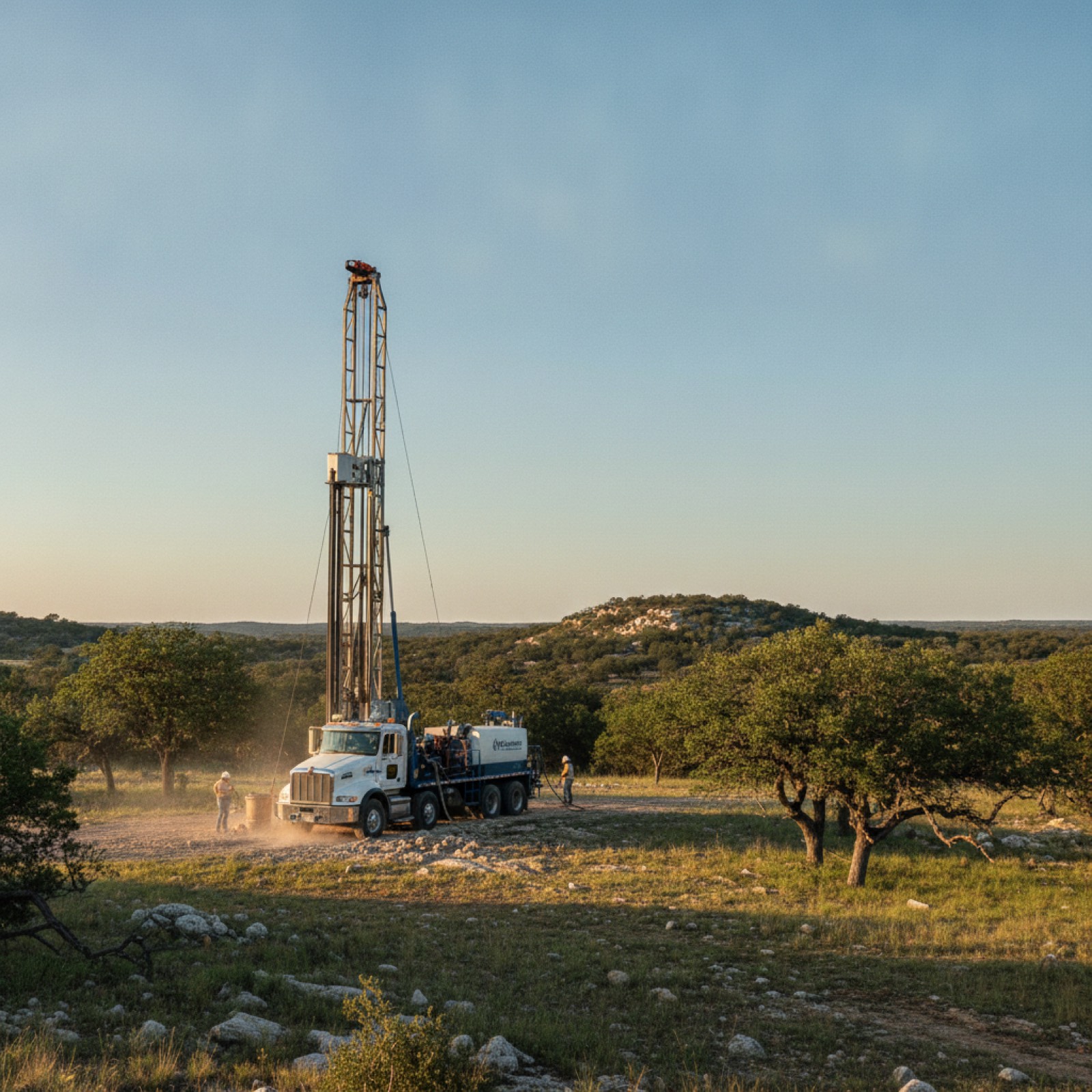 Water well drilling rig set up on a Texas Hill Country ranch near Fredericksburg, TX